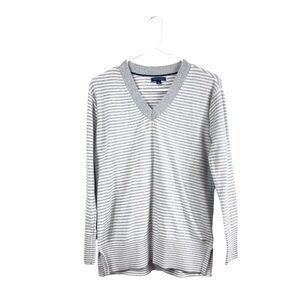 Tommy Hilfiger Sweater Gray White Stripe VNeck Pullover Long Sleeve size Small